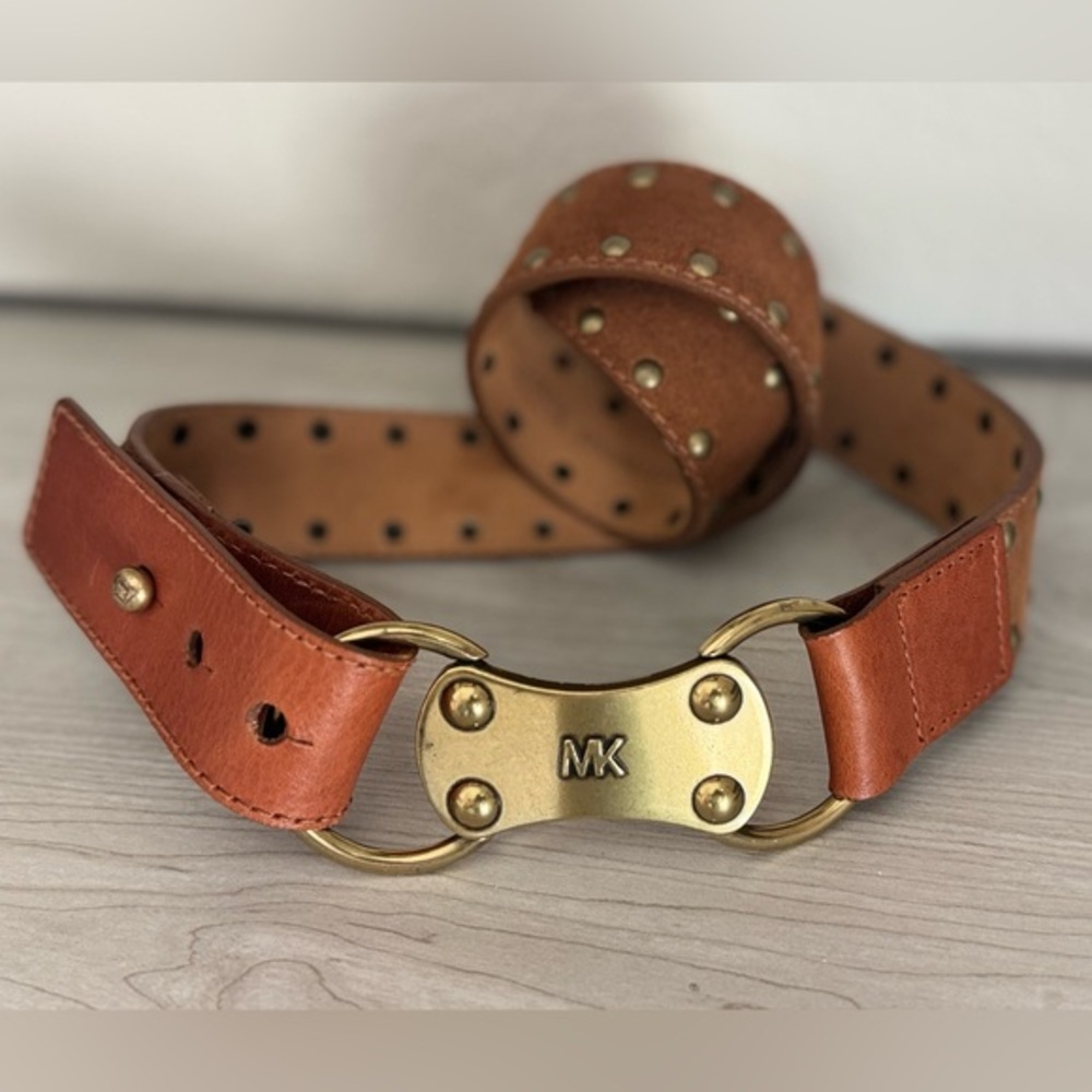 Michael Kors Chunky Tan Leather & Suede Belt with Gold Hardware M/L - Picture 2 of 7